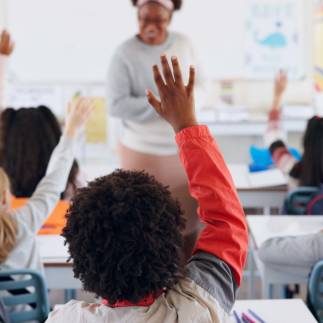 Children, back and hands raised at school with for question, answer and learning at youth academy. Kids, education and teacher for development with sign for talking, quiz and scholarship in classroom